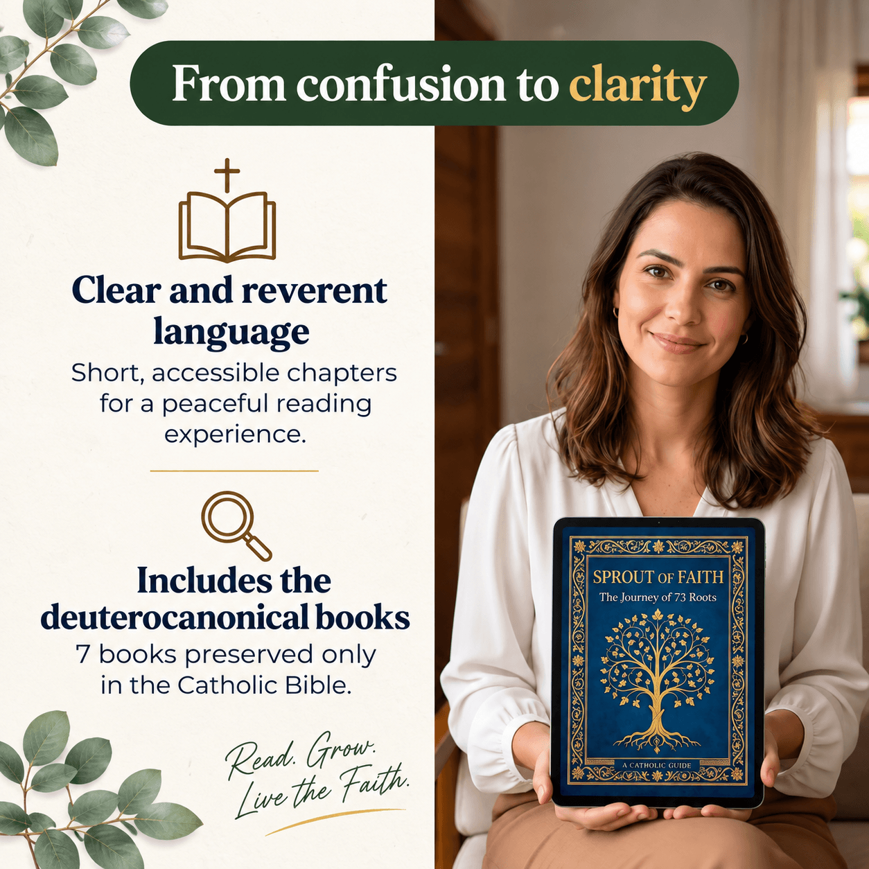 Catholic reader holding the Sprout of Faith ebook on a tablet